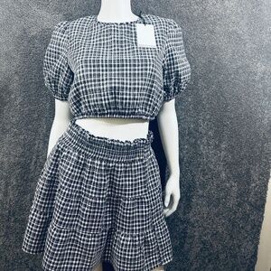 Two Piece Plaid Black & White Sequin Crop Top And Skirt Set Medium Grunge